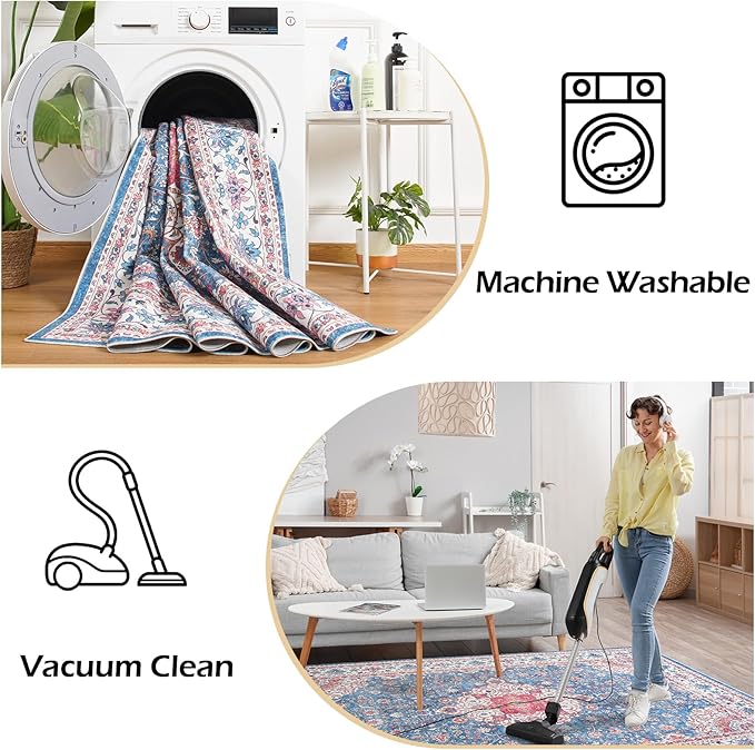 Goideal Washable Rug 4x6, Vintage Area Rugs Non Slip, Indoor Low Pile Carpet with Rubber Backing for Living Room Kitchen Bathroom Entryway Office Bedroom, Blue & Hot Pink