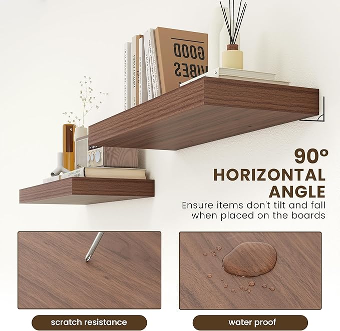 FLYJOE 30 Inch Floating Shelves | 12 Inch Deep Walnut Floating Shelves Set of 2 | 30" W x 12" D Rustic Wood Shelves for Wall | Deep Walnut Shelves for Living Room Bathroom Laundry Room Kitchen