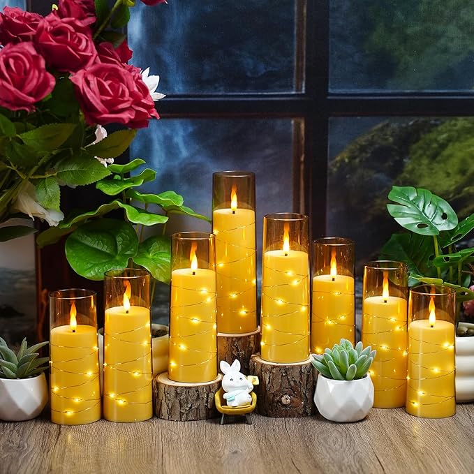 Nimiko Flickering Flameless LED Candles,Battery Operated Candles 24 Pcs with Embedded Star String,Acrylic LED Pillar Candles with Remote,Suitable for Home Decoration to Create an Atmosphere (Gold)