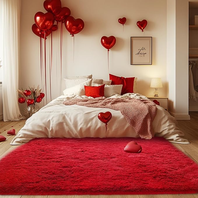 Red Fluffy Area Rug for Bedroom: Red Plush Rugs for Girls Room - Plush High-Pile Carpet for Living Room Christmas Home Decor(4x6 Feet)