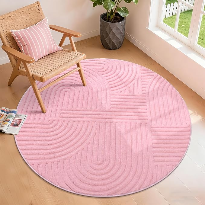 Pauwer Pink Area Rug for Girls Bedroom 4ft Soft Fluffy Non Slip Machine Washable Rugs Modern Indoor Mat Fuzzy Floor Round Carpet for Kids Nursery Living Room Dorm Playroom Dining Baby Home Decor