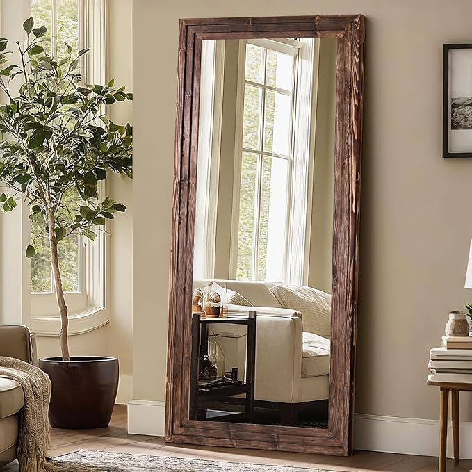 Full Length Wood Mirror 71x30 - Rustic Solid Wood Floor Mirror with Triple Layer Frame, HD Tempered Glass, Wall Mounted or Leaning Standing Mirror Vintage Brown Mirror for Bedroom Bathroom Living Room