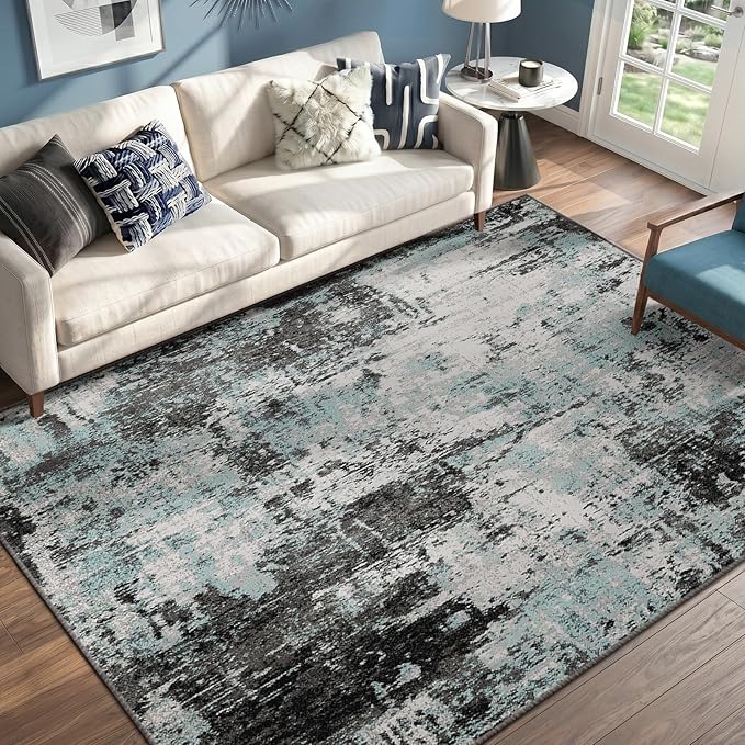 RELEANY Washable Area Rugs 6'x9' Non-Slip Modern Abstract Soft for Living Room Entryway Bedroom Nursery, Print Pattern, Blue Black Teal