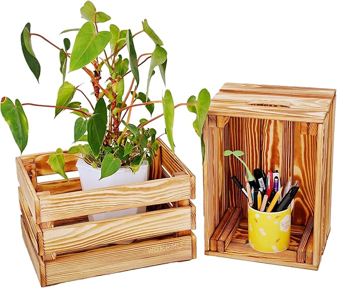 Flame-Treated Wood Crates, Rustic Brown Storage Boxes Set of 4 for Organization, Tool Storage, Wine or Camping, 12.2 Inch Multi-Purpose Crate.