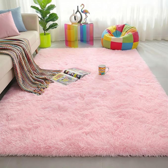 Pink Area Rugs for Bedroom Living Room, 5x8 Aesthetic Room Decor for Teen Girls, Soft Fluffy Cute Rug for Kids Room, Classroom, Fuzzy Shag Kawaii Carpet for Playroom, Baby Nursery, Plush Throw Rug