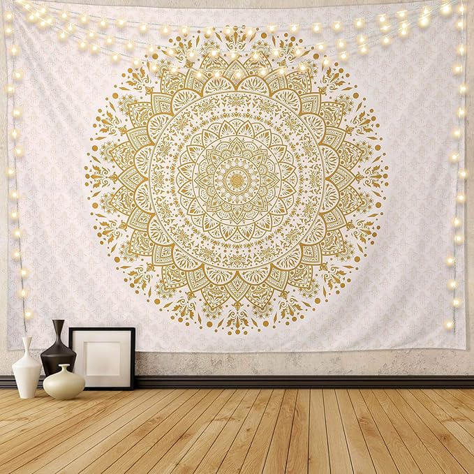 Edeesky White and Gold Mandala Tapestry Wall Art for Living Room, Bedroom Decor