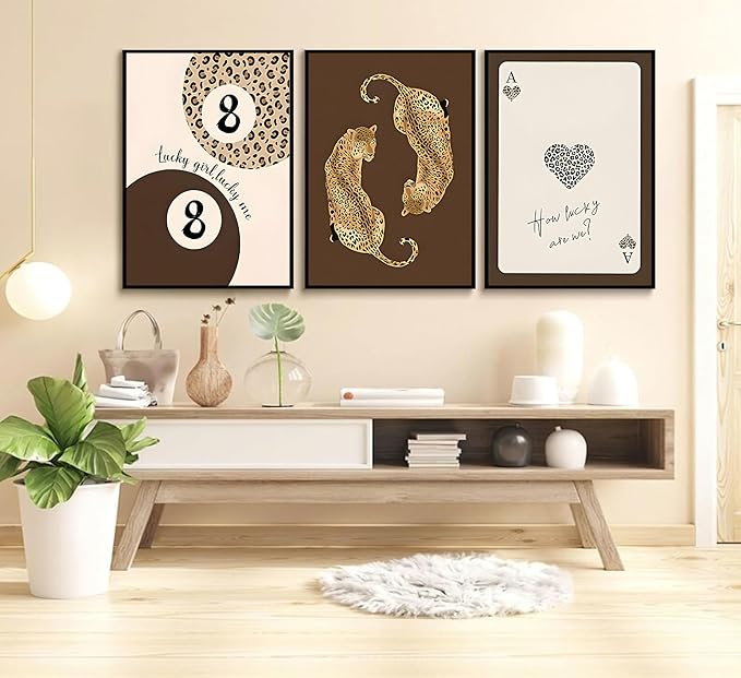 3pcs Trendy Leopard Canvas Wall Art Funky Lucky 8 Ball Posters Prints Preppy Room Aesthetic brown Cheetah Prints Wall Decor Pictures for living room Bedroom Dorm Apartment Unframed