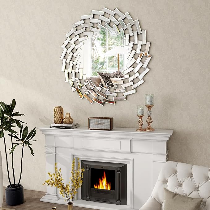SHYFOY 31.5'' Round Mirror Wall Decor Beveled Decorative Wall Mirrors Silver Hanging Mirror for Living Room Bedroom Entryway Large Modern Accent Mirrors