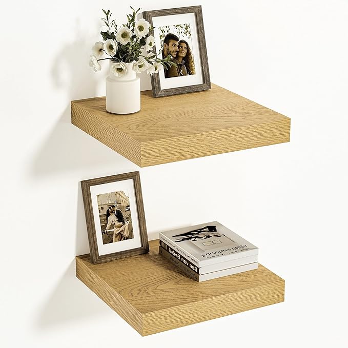 Vivelove 12 Inch Deep Floating Shelves 12 inch Long, Over Toilet Shelf with Invisible Brackets, Shelf for Bedroom Bathroom Living Room Kitchen Office, Rustic Farmhouse Decor, 12x12x1.5 Set of 2, Oak