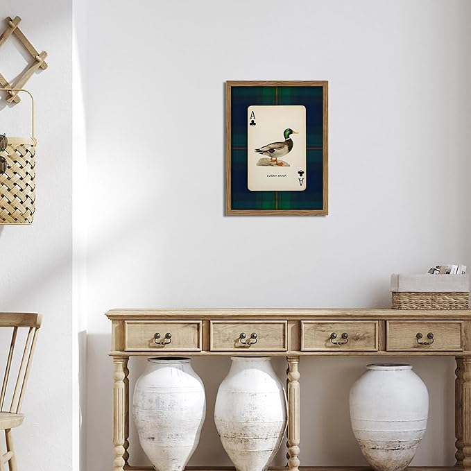 Framed Vintage Mallard Duck Wall Art, Country Lucky Duck Wildlife Poker Wall Decor Painting, Nature Rustic Farmhouse Hunting Canvas Prints Pictures for Living Room Bedroom 12x16 Inch