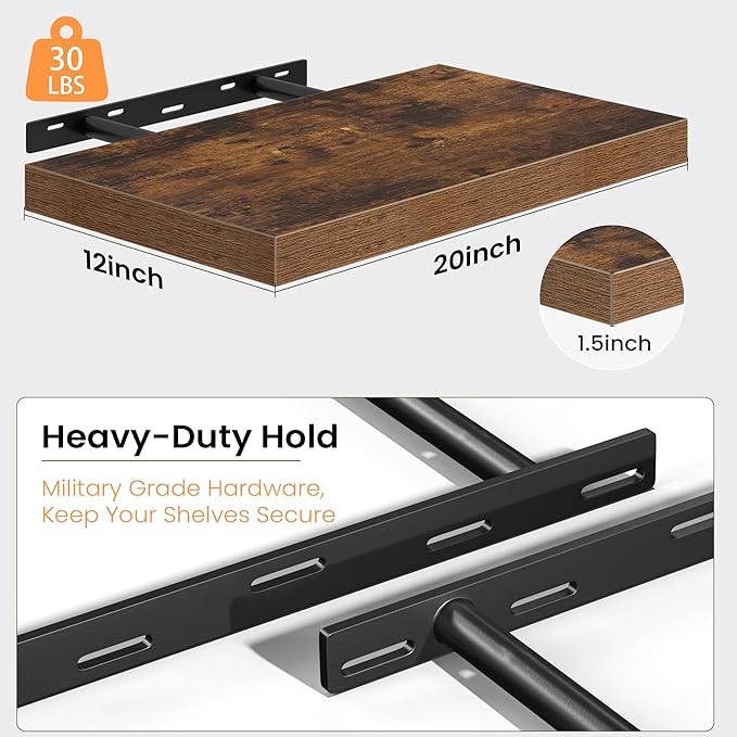 Floating Shelves Set of 2, 12 Inch Deep Floating Shelves with Heavy Duty Brackets, 20'' Rustic Wood Wall Mounted Shelf for Bathroom, Bedroom, Living Room & Kitchen, Modern Home Decor Storage, Brown
