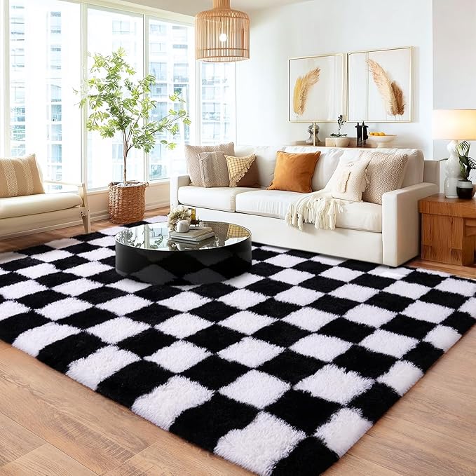 Checkered 8x10 Area Rugs for Living Room, Ultra Soft Fluffy Large Shaggy Rug Carpet for Bedroom, Non-Slip Fuzzy Plush Rugs for Nursery Boys Girls Kids Room Modern Indoor Home Decor, Black and White