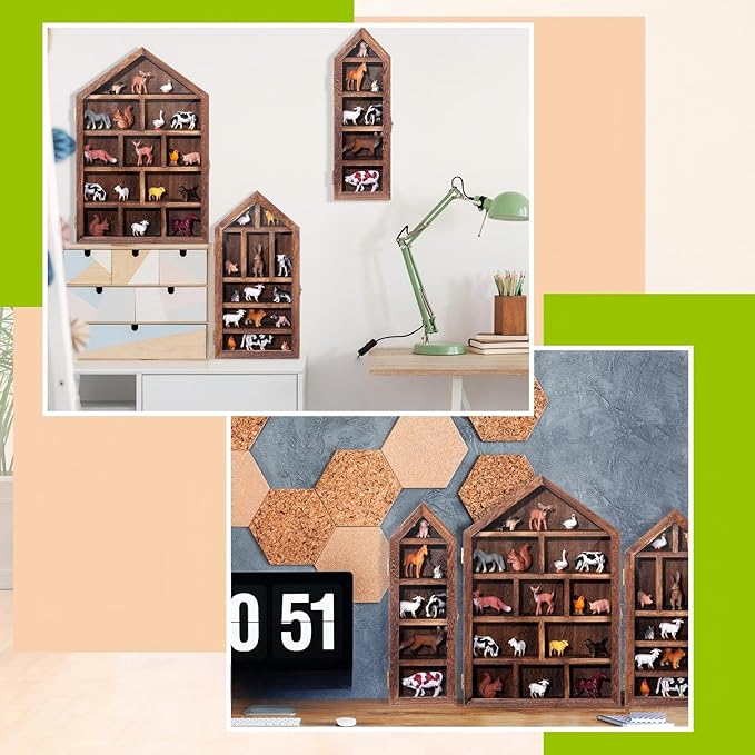 DoubleFill Set of 3 Wooden Trinket Display Shelf Shadow Box with Shelves 10 x 15 Inch Large Wall Mounted Display Storage Mini Figures Curio Trinket Medals Crafts Collections(Brown,House Shape)