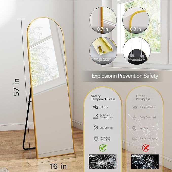 SCWF-GZ 57x16 Door Hanging Full Length Mirror, Floor Stand (Height 5.7ft just Body in1.3ft) / Wall Mounted Metal Frame Arch Dressing Mirrors for Bedroom Living Room 57 inch Gold