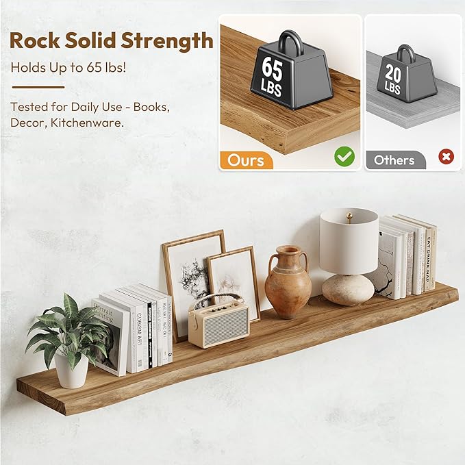 Vivelove 55 Inch Live Edge Floating Shelves Solid Wood, Elm Shelves for Wall with Invisible Bracket for Living Room Bedroom Bathroom Office Book, Rustic Farmhouse Wooden Shelf Set of 1- Natural