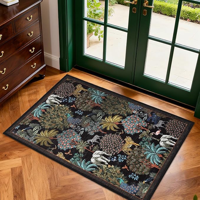 GarveeHome Jungle Rug 2x3 Animal Print Rugs Non Slip Washable Front Door Rug for Entryway, Indoor Kitchen Rugs Low-Pile Small Door Mat Forest Carpet for Bedroom Home Décor, Black