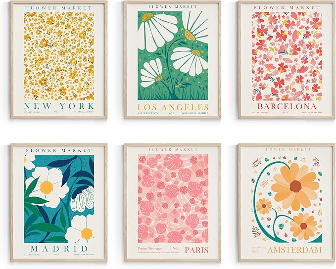 Habseligkeit Flower Market Posters for Room Decor Aesthetic, Danish Pastel Room Decor, Floral Wall Art Prints for Girs Dorm Aesthetic Decor Unframed, 8x10in, Set of 6