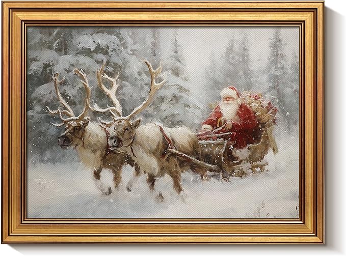 Bzstyleart Vintage Wall Art Decor Framed Christmas Festival Wall Art for Bedroom, Santa Claus and Reindeer Christmas Decoration for Home, 12x16 Inch Reindeer Picture