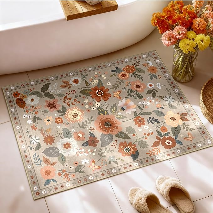 RELEANY Floral Nursery 2x3 Area Rugs Washable Print Boho Cute Carpet Non Slip Flower Low Pile for Living Room Kids Girls Playroom Bedroom Kitchen Office Farmhouse-Brown/Brick