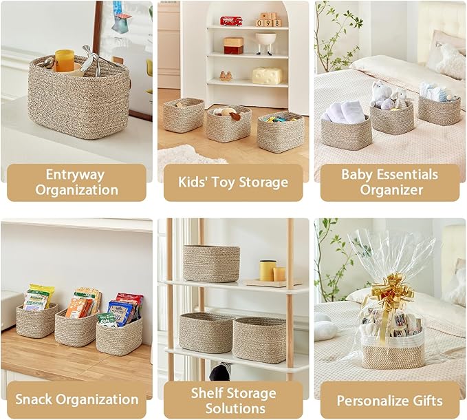 R RUNKA Small Cotton Rope Basket – Storage Bin for Organizing (10.6" x 6.7" x 6.7"), Bathroom Storage Basket for Shelf, Counter & Closet（Beige）