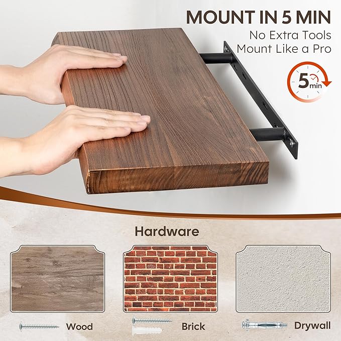 Live Edge Floating Shelves Set of 2, 32 Inch Solid Elm Wood Wall Shelves - Invisible Bracket Mount for Living Room, Bedroom, Kitchen, Bathroom | Vintage Rustic Decor