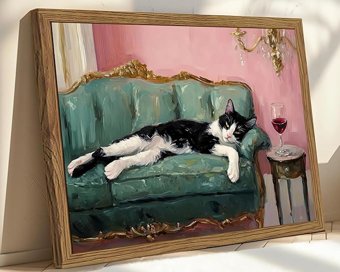 Fun Cat Wall Art Cute Tuxedo Cat With Red Wine Wall Decor Whimsical Animal Cocktail Bar Cart Canvas Poster Quirky Pet Lover Picture Print for Dining Room Living Room Wood Framed 16x24 inch