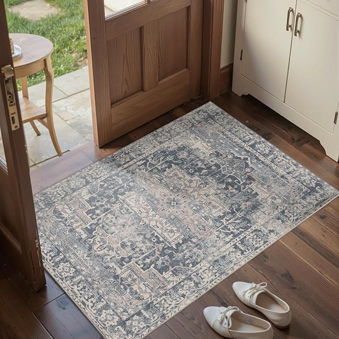 Rugxara Entryway Rug Door Mat, Washable Samll 2x3 Rug, Blue Boho Front Door Mat, Non Slip Area Rugs, Low Pile Throw Accent Entry Carpet for Indoor Entrance, Bathroom and Kitchen(Blue 2x3ft)