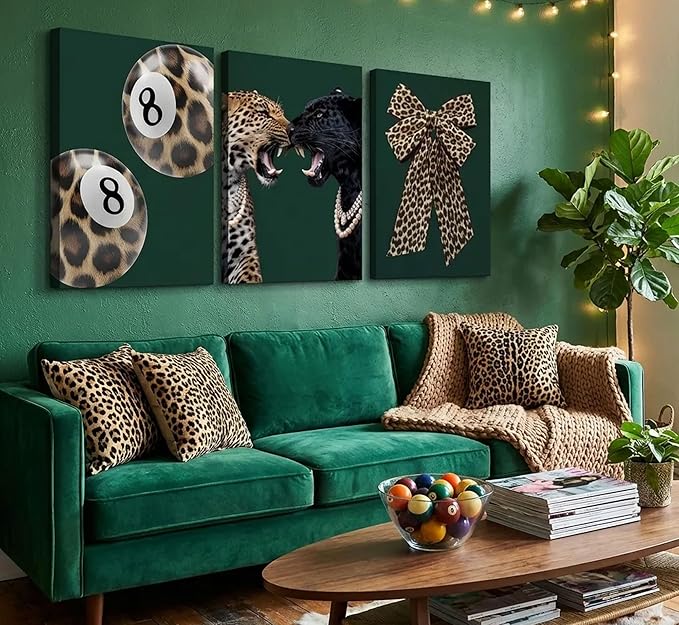 3Pcs Trendy Leopard Canvas Wall Art Funky Lucky 8 Ball Pictures Wall Decor Cheetah Bows Preppy Aesthetic Posters Prints Paintings for Bedroom Dorm Living Bathroom Decoration Prepare To Hang