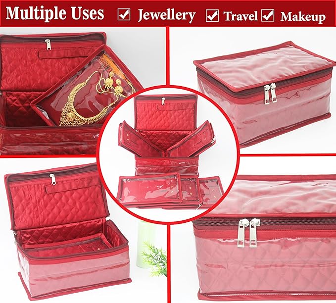 atorakushon Fabric Jewellery Organizer Make Up Kit with 5 Pouch (Maroon, Large)