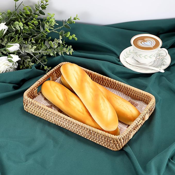 Hipiwe Rattan Serving Tray Hand Woven Tray with Handles Rattan Rectangular Basket Trays for Storage Breakfast Dessert Fruit Decorative Trays for Coffee Table, 11.8x7.9x1.8inch