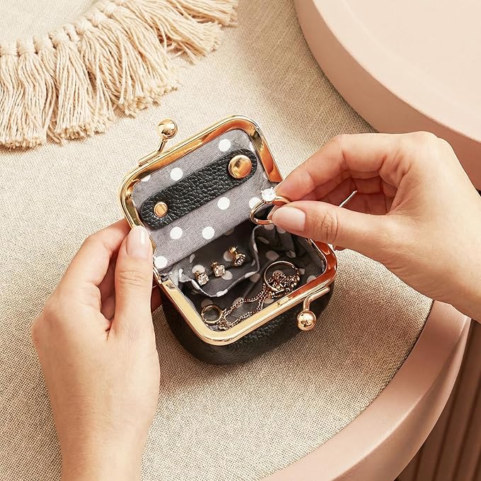Genuine Leather Mini Jewelry Box Portable Vintage-Inspired Leather Small Coin Purse Jewelry Organizer Case Mini Travel Ring Box with Kiss Lock for Women Earring Ring Necklace