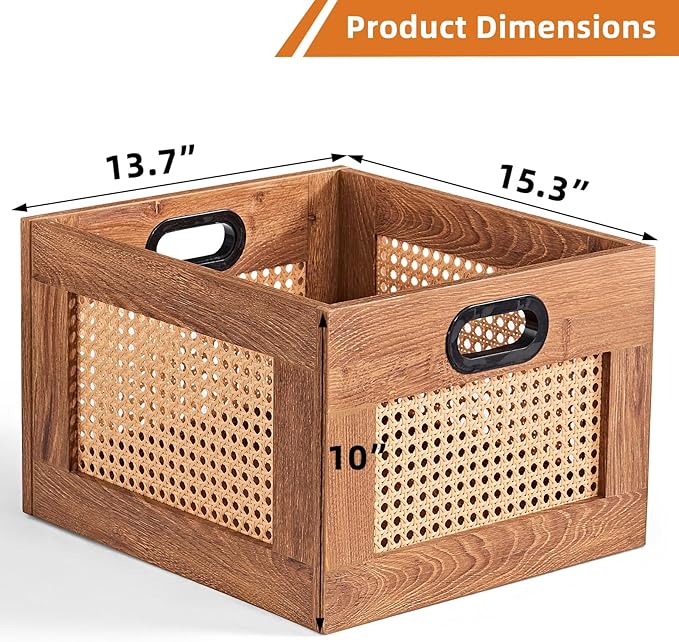 LELELINKY Vinyl Record Storage Crate, Rattan Vinyl Record Holder with Handle, Wood Record Crate for Vinyls Holder up to 75 LP's, Desktop Cube Album Storage for Vinyls Records(Tea Brown)