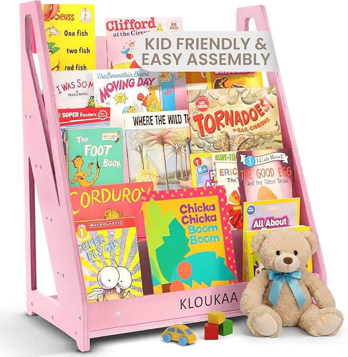 Kids Book Shelf Organizer, Wooden Children’s Bookcase with Front-Facing Storage for Toddlers & Kids (Pink)
