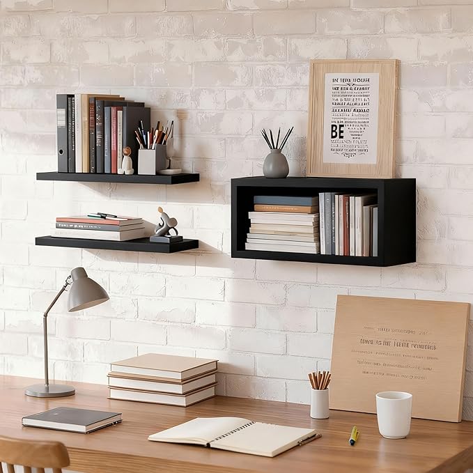 Wall Mounted Floating Shelf, c Long for Bedroom Living Room Kitchen Staircase Bathroom Above Toilet Wall Decoration Book Storage Room Recoration (3piece Set) Black