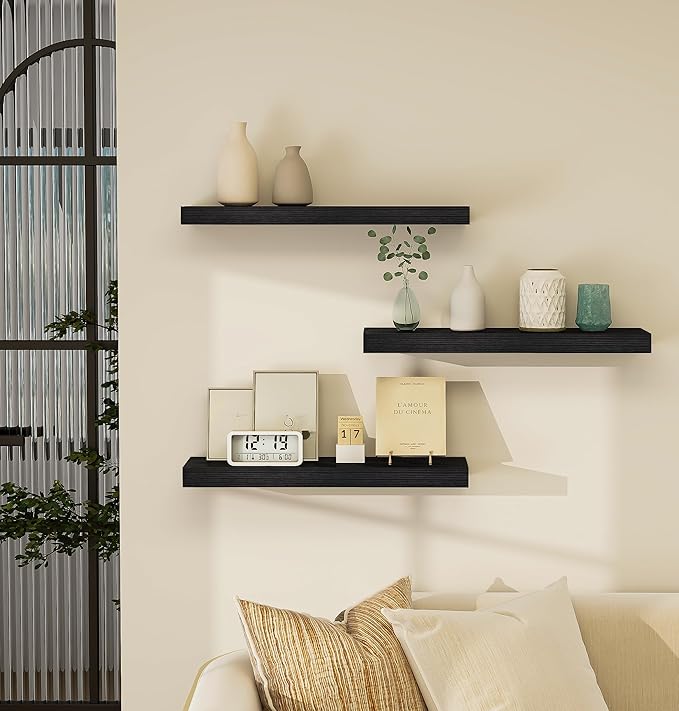 Vervida Black Floating Shelves for Wall, 24" Rustic Wood Deep Wall Mounted Shelves with Invisible Brackets for Decor & Storage, Floating Shelf for Living Room, Bathroom (Set of 3)