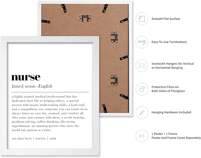 Poster Master Typography Poster - Dictionary Print - Nurse Definition, Amazing Person Who Saves the World, Hero, Saint - Gift for Friend - Wall Decor for Home, Hospital, 16x20 White Framed