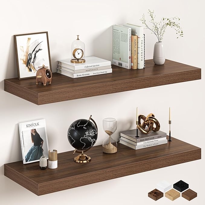 40Inch Walnut Floating Shelves for Wall, 12 Inch Deep Shelves for Bedroom, Kitchen, Bathroom Wall Mounted, Rustic Wood Floating Shelf with Invisible Brackets for Books, Storage, Decor, 2 Packs