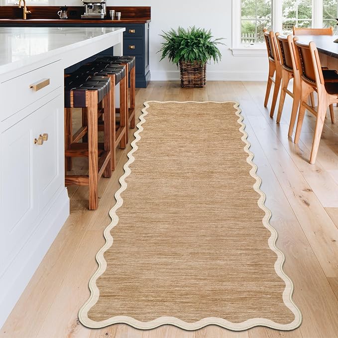 GarveeHome Scalloped Runner Rug for Kitchen Non Slip 2'6''x8' Washable Rugs with Rubber Backing Modern Entryway Rug Farmhouse Soft Bathroom Rugs Stain Resistant Carpet for Hallway Laundry Bedroom