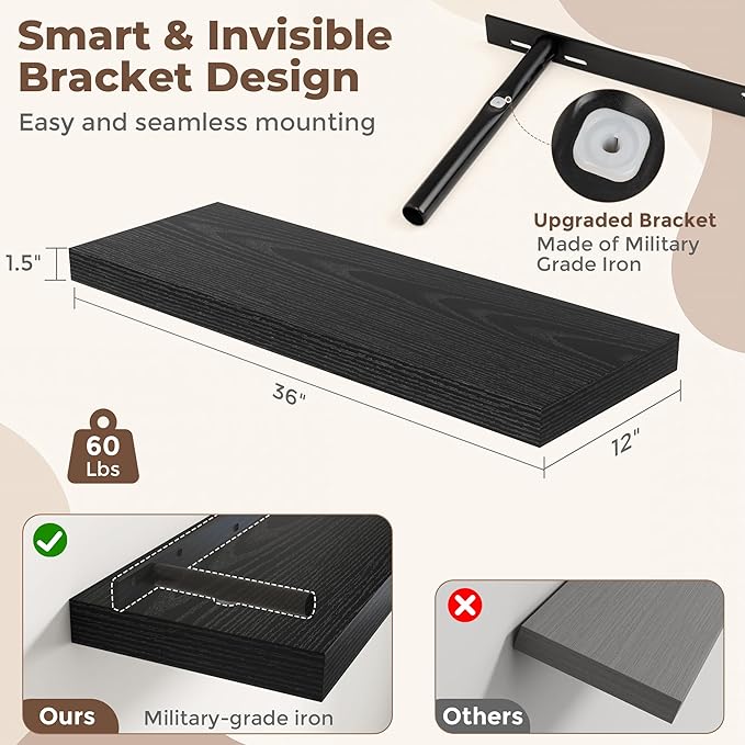 Fun Memories 36 Inch Black Floating Shelves for Wall, 12 Inch Deep Shelves for Bathroom|Kitchen|Bedroom, Wall Mounted Rustic Wood Floating Shelf with Invisible Brackets for Books|Storage|Decor, 2 Pack