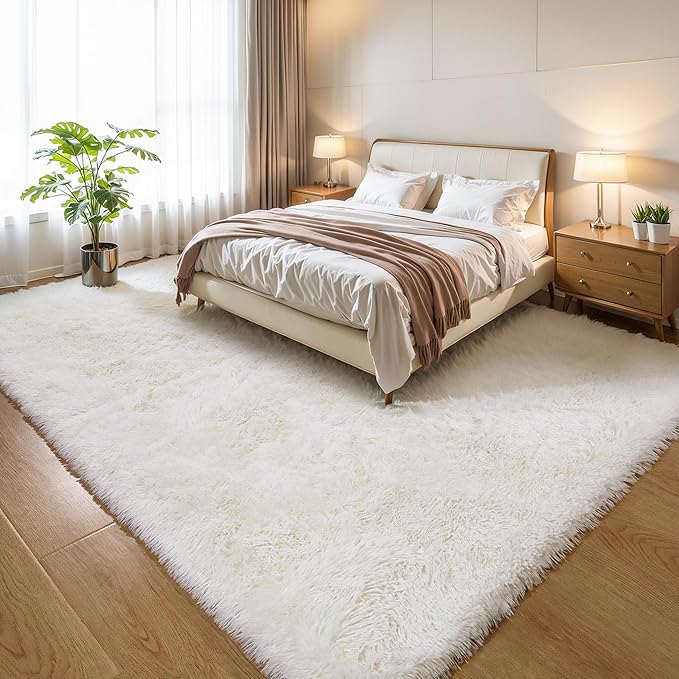 KCHOWUA Cream White Fluffy Area Rug for Girls Bedroom, 3'x5' Machine Washable Fuzzy Plush Carpet for Living Room, Soft Shaggy Throw Rug for Kids Dorm Room Nursery, Ivory
