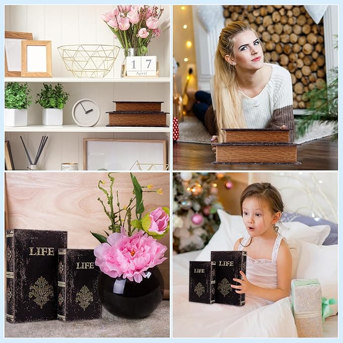 SICOHOME Decorative Book Box Set of 2 Wood Faux Book Box with Faux Leather Detailing Trinket Keepsake Vintage Wooden Treasure Chest for Women Kids Gifts Home Decor Christmas Ornament Storage
