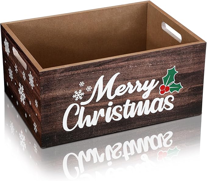 Namalu Christmas Hot Cocoa Bar Storage Box Wooden Crate with Handles Hot Cocoa Decorative Rustic Farmhouse Wood Basket Christmas Wood Storage Bins Organizer Bucket for Xmas Candy Dish Home (Wood)