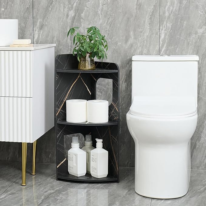 Black 3-Tier Small Corner Shelf Stand, Waterproof Bathroom Storage, Toilet Paper Storage, Corner Table for Small Spaces (Black)