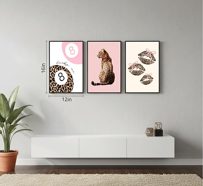 YZLYAD 3Pcs Pink Trendy Leopard Wall Art,Fashion Cheetah Lucky 8-Ball Canvas Posters,Lip Bow Painting Pictures,Preppy Y2k Wall Decor for Bedroom Dormitory Apartment.12x16in Unframed