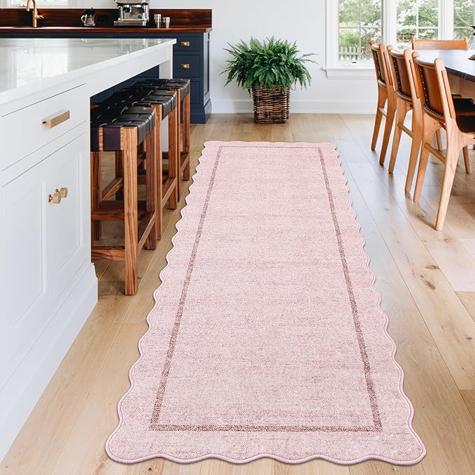 GarveeHome Scalloped Washable Runner Rug 2x8 Runner Modern Non Slip Kitchen Runner Distressed Low Pile Entryway Rug Soft Bathroom Rugs Stain Resistant Carpet for Bedroom Hallway Laundry 2'x8' Pink