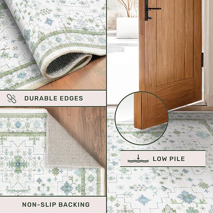 Hazo Haus Oushak Runner 2x10 Hallway Rug - Floral Pastel Boho, Washable Low Pile Non Slip Extra Long Runner Rugs for Kitchen, Hall Way - Cream Blue and Green