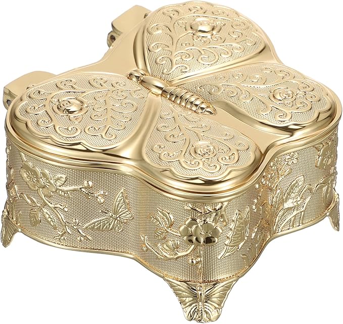 Hipiwe Vintage Jewelry Box Decorative Treasure Chest Butterfly Shape Trinket Keepsake Storage Box Gold Necklace Earring Holder Gift for Women, Small