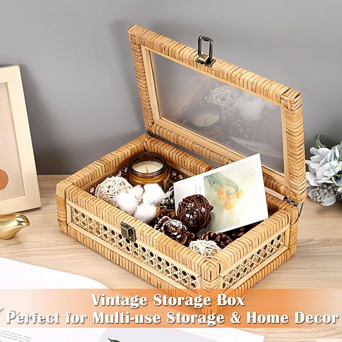 Rattan Box Rattan Decorative Storage Box with Lid Rectangular Wicker Rattan Basket Box for Shelf Rattan Box for Decor,11"L x 7.1"W x 4"H