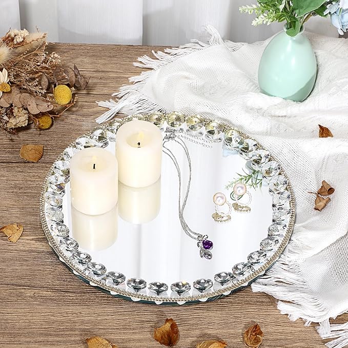 Hipiwe Mirror Glass Vanity Tray Sparkling Crystal Perfume Tray Round Decorative Tray Gorgeous Makeup Organizer Tray Jewelry Trinket Tray for Bathroom Dresser Table, 10.6 inch