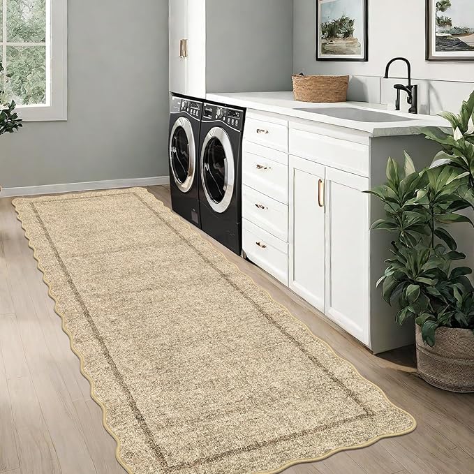 GarveeHome Scalloped Runner Rug for Hallway 2x10 Kitchen Rugs Non Slip Washable Modern Entryway Rug Farmhouse Soft Bathroom Rugs Stain Resistant Carpet for Hallway Laundry Bedroom 2'x6' Jute Color